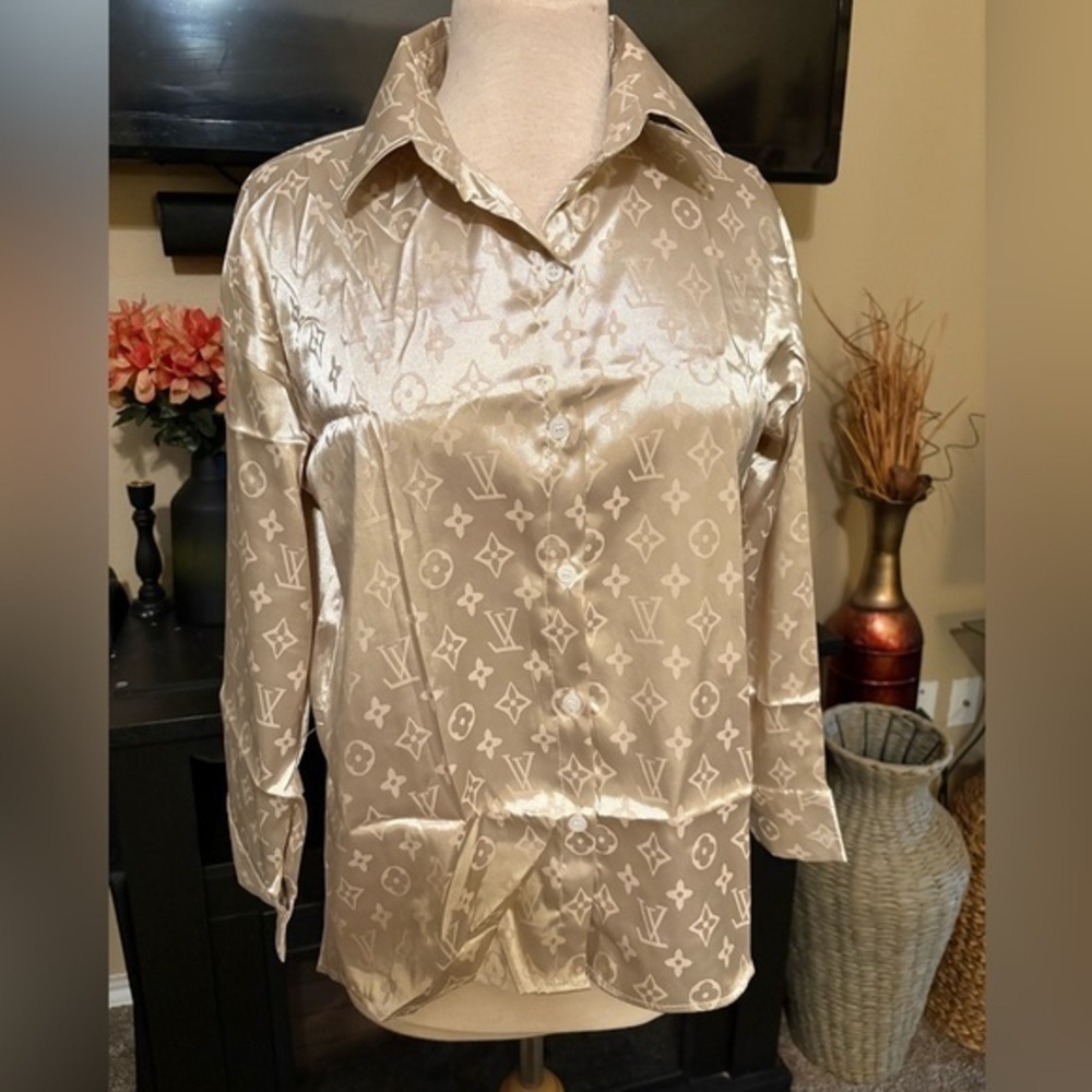 Gold Monogram Silk Button Down Top